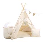 XXL Set TIPI tent Beige Boho met pompons TIPI + 4 kussens + speelmat + vlaggenlijn + speelgoedmand +