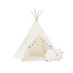 TIPI tent Beige met gekleurde pompons  + mat en 2 kussens TIPI + 2 kussens en mat