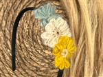 Diadeem wol flower - wollen bloemen - zwarte kleur diadeem – groen / beige / okergeel
