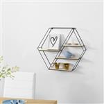 Wandrek zeshoek met 4 planken 62x12x53 cm zwart en houtkleurig