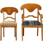 Antieke stoelen / Stel van 6 Blonde Biedermeier stoelen in berkenwortel incl. stof naar keus (No.841