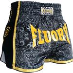 Fluory Muay Thai Short Kickboks Broek Zwart Geel MTSF29