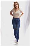 BLAUWE JEANSLOOK LEGGING MET GATEN EN STEENTJES