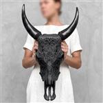 GEEN MINIMUMVERKOOPPRIJS - Schedelkunst - Handgesneden zwarte buffelschedel - Klein lotussnijwerk Ge