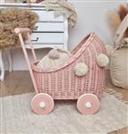 Poppenwagen Roze met beige dekens en pompons Roze met beige dekens + pompons