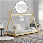 Juniorbed - Tipi met bedbodem en matras 90x200cm - naturel