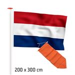 Actieset geschikt voor een 7 of 8 meter mast: Nederlandse vlag (MARINEblauw) 200x300cm en oranje wim