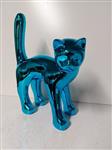 Beeld, beautiful image of cat in chrome blue color - 46 cm - polyresin