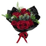 Low budget 43cm WRAPPED ROSE BOUQUET WITH EUCALYPTUS FOLIAGE AND SATIN BOW RED/BLACK zijderozen