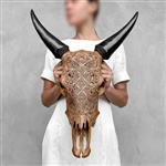 GEEN RESERVE PRIJS - Skull Art - Authentieke bruin gesneden koeienschedel - Ketimun & Lotus motief -