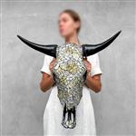 GEEN RESERVE PRICE - Skull Art - Grote, authentieke stierenschedel - Glas met mozaïekinleg - Schedel