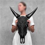GEEN RESERVEPRIJS - Skull Art - Authentieke handgesneden zwarte koeienschedel - Bladsnijwerk - Gesne