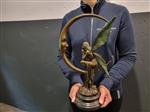 Beeld, Large Bronze Fairy on The Moon - 40 cm - Brons, Marmer
