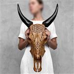 GEEN RESERVE PRICE - Handgesneden bruine koeienschedel - Flower Of Life-motief - Gesneden schedel - 