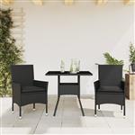 vidaXL 3-delige Tuinset met kussens poly rattan en glas zwart