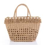 Strandtas - riet - dubbel hengsel - khaki - gevlochten - met schelpen