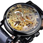 Luxe horloge met gouden kast voor heren - Horloge met leren of mesh bandje Transparant mechanisch sk