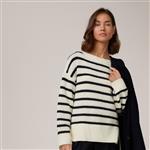 Windsor Virgin Wool Round Neck Sweater with Cashmere in Ecru and Navy Stripes Maat: 38