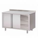 RVS Werktafel met schuifdeuren, lades en opstaande rand 700 diep