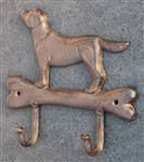 Kapstokhaak Hond met Kluif, 2 Haken, Gietijzer LH231