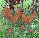 Tuinstekers haan, kip, kuikens, set van 5, roestig metaal SKS275