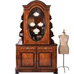 Antieke kasten / 262 cm hoge Reusachtige Willem III vitrine in wortelnoten met zwarte details ca. 18