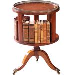 Ronde mahonie boekenmolen wijntafel met bronzen reling ca 1915 ingelegde biezen (No.950140)
