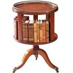Ronde mahonie boekenmolen wijntafel met bronzen reling ca 1915 ingelegde biezen (No.950140)