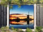 NR 1410: Tuinposter molen aan water zonsondergang 180x180cm