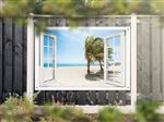 NR 1323: Tuinposter doorkijkje strand palmbomen 120x180cm