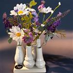 Kleine Vaasjes met div.openingen en Zijden Kunstbloemen in Blauw en Wit