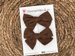 Haarstrik Flo setje 7 - set van twee strikken - stof/kant - alligatorclip - donkerbruin
