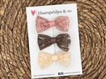 Haarstrik Flo setje 26 - set van drie strikken - kant - alligatorclip - beige/bruin/roze