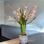 Kunstbloemen Roze Grasboeket in Aqua- Zandkleurige  PTMD Pot – 65 cm Hoog