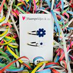 Blauw/wit (witte) madeliefjes op klikklakspeldjes - carnaval - haaraccessoires — 5 cm speldjes