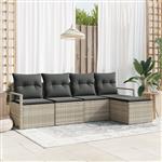 vidaXL 5-delige Tuinbankenset met kussens poly rattan lichtgrijs