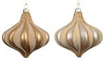 Kerstballen druppelvorm 10 cm Flock goud en beige onbreekbaar set 2 stuks
