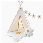 Set Tipi tent - Daisy - crème met pompons en bloemen accessoires Tipi tent + mat daisy+ kussen daisy