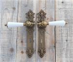 Set deurbeslag BB 72 - Art Nouveaux - gepatineerd messing - grepen van porselein