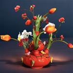 Birdvase Tulpenvaas met Kunstbloemen – Rood/Oranje – Keramiek – 45 cm – Met Vogeltjes Decor