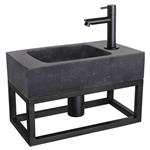 Fonteinset Differnz Bombai Natuursteen en Handoekrek 40x22x9 cm Zwart Met Rechte Kraan Mat Zwart