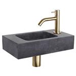 Fonteinset Differnz Bombai Natuursteen 40x22x9 cm Zwart Met Gebogen Kraan Mat Goud