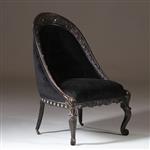 Koloniale dames-zetel massief ebbenhout ca 1800 met zwarte velours en 2 olifanten kopjes (No.922860)