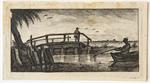 [Antique print, etching] View on a canal with a wooden bridg