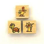 Houten stempels vierkant dieren (3 stuks) schildpad/haan/kat