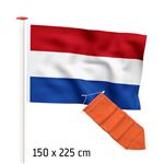 Actieset geschikt voor een 6 meter mast: Nederlandse vlag STANDAARDblauw 150x225cm en oranje wimpel 