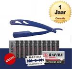 Kapperslook Klassiek Barbiersmes Razor RVS + 10 Rapira Scheermesjes - Blauw