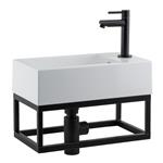 Fontein met zwart frame, zwarte fonteinkraan en afvoerset