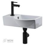 Fonteintje Belly bee - fontein met buikje met mat zwarte kraan en afvoer set links