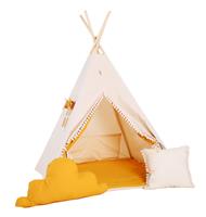 TIPI tent oker-beige met pompons en accessoires TIPI + mat en 2 kussens